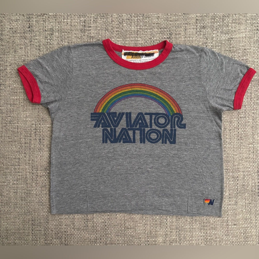 Aviator Nation 🌈 Grey Rainbow Boyfriend Ringer Tshirt Size Kids 14 / Extra Small